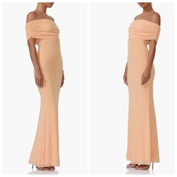 New AFRM McCall Off the Shoulder Mesh Peach Fuzz Maxi Dress NWT Medium - Picture 4 of 9